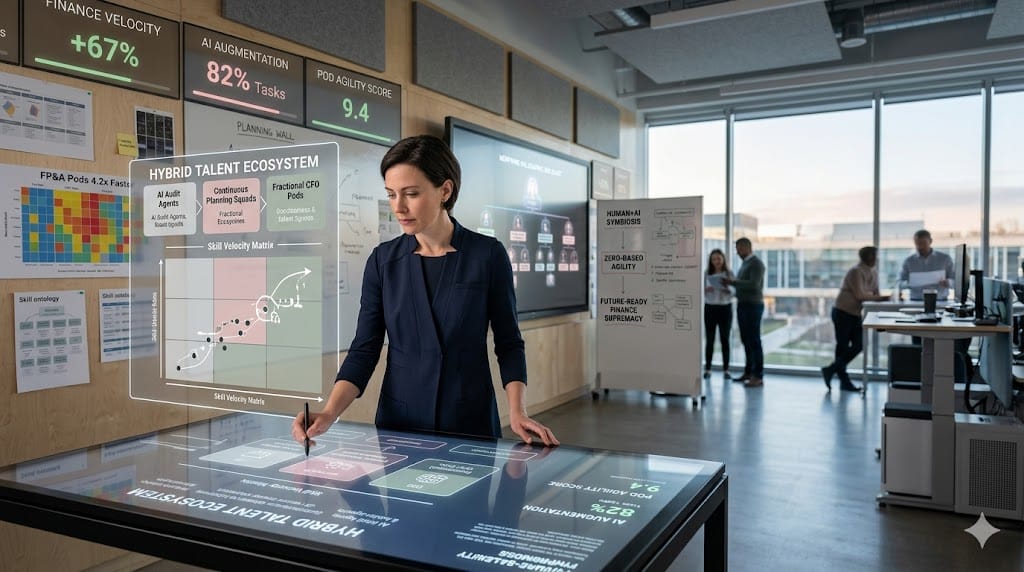 retail finance leader architecting future talent models for agility, blending AI finance specialists with dynamic workforce pods in transformation studio.