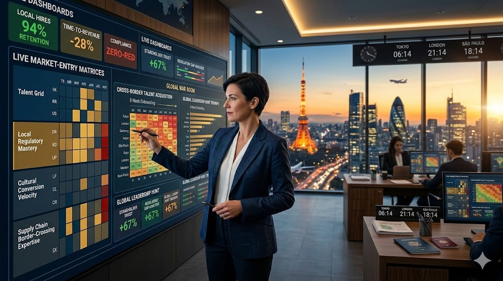 global retail expansion strategist assembling cross-border leadership teams, evaluating local market expertise against brand scalability in international command center.
