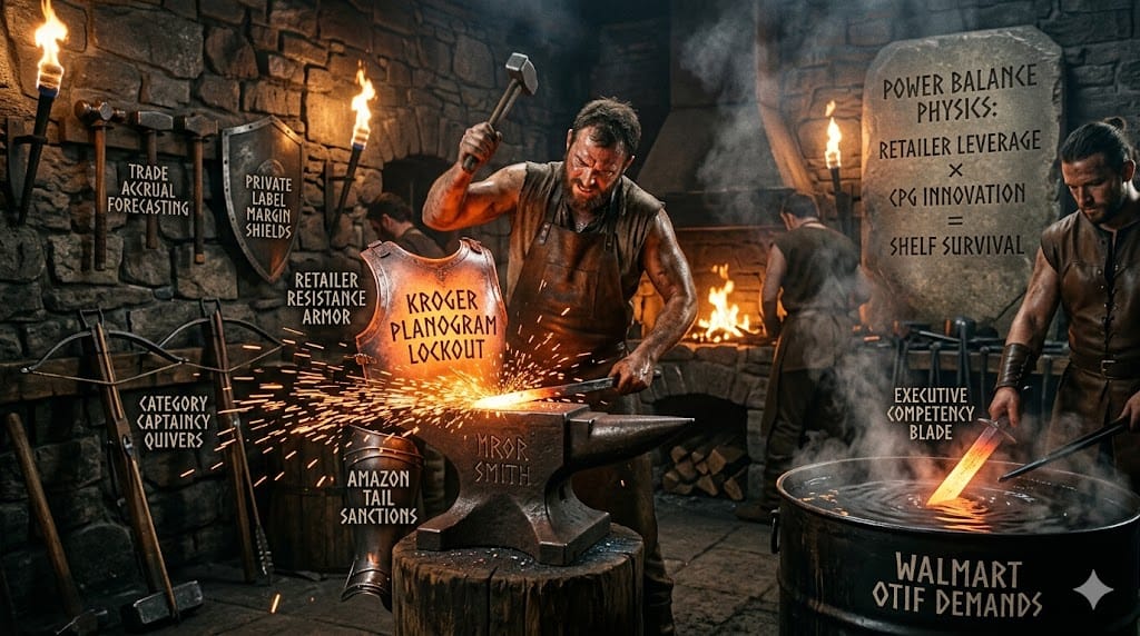 Medieval armory siege where CPG executives forge new armor plating against retailer catapult demands—chest plates etched with "Kroger Slotting Fee Resistance," greaves reinforced for "Amazon ACP Negotiation," shields bearing "Private Label Defense Matrices" while weapon racks display "Trade Spend Leverage Tools."