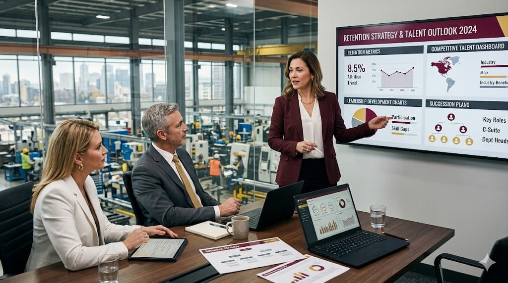 HR leader discussing retention strategies with manufacturing executives to keep talent in competitive market