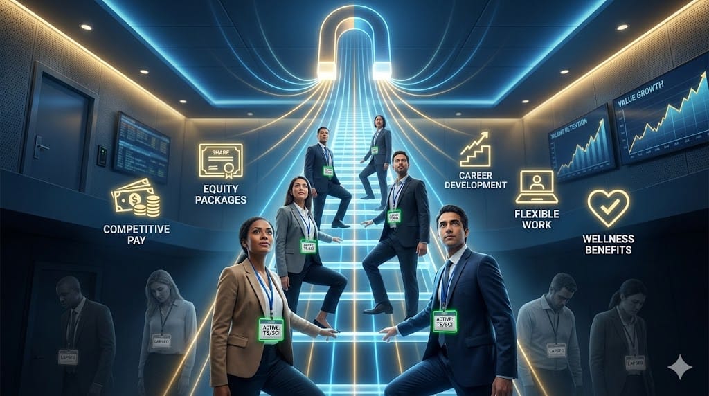Motivational landscape illustration of retention strategies for security-cleared executive talent, showing a magnet pulling diverse professionals with glowing clearance badges toward a secure corporate ladder, surrounded by icons of equity shares, wellness perks, flexible contracts, and loyalty graphs in a high-security boardroom