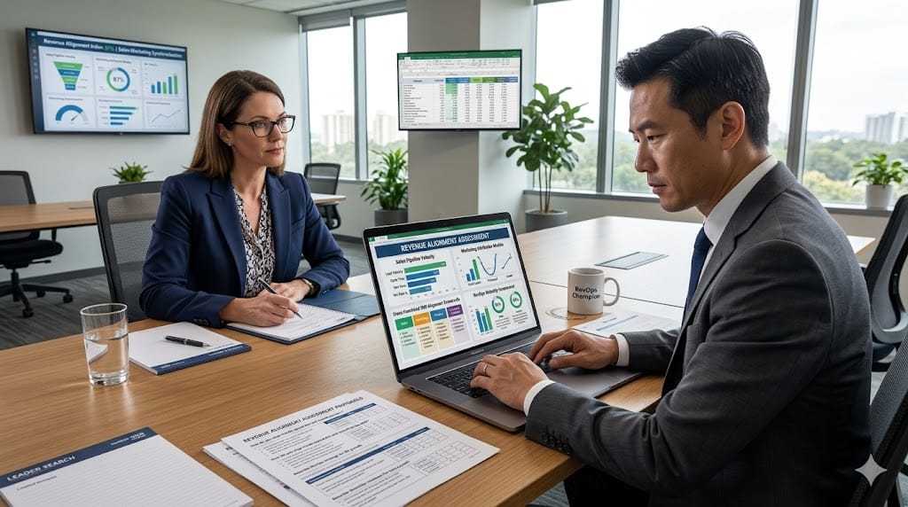 HR specialist conducting revenue alignment skills assessment with CPG executive candidate in modern conference room, reviewing integrated dashboards testing sales-marketing synchronization and cross-functional P&L accountability.