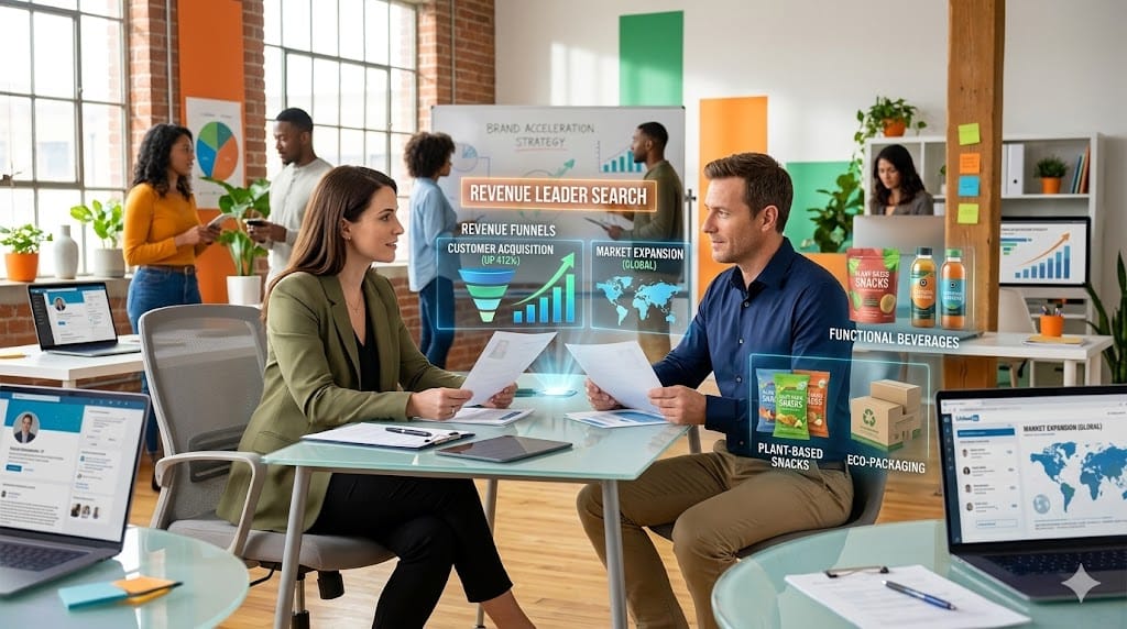 Dynamic recruiter interviewing ambitious revenue leader candidate amid emerging CPG brand products, with growth charts and startup energy highlighting talent acquisition for scaling consumer goods ventures.