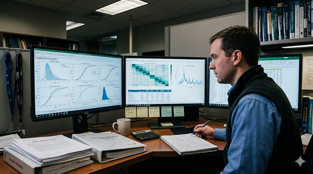 Analysts evaluating risk models and pricing data on multiple screens in financial risk assessment office