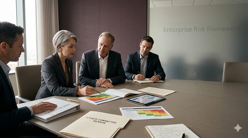 Senior executives reviewing enterprise risk framework and corporate ethics policies during a governance meeting in a professional setting.