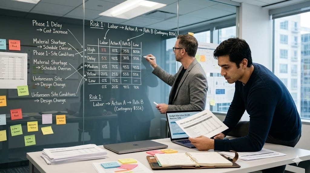 Project leaders analyzing risk matrix and cost scenarios on glass board