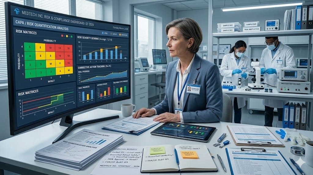 Quality management leader reviewing risk assessment dashboards and CAPA corrective action reports in a medical device quality control environment.