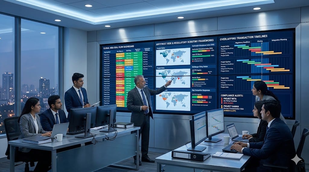 Legal and compliance teams analyzing antitrust risks and regulatory frameworks in a high-volume deal environment.