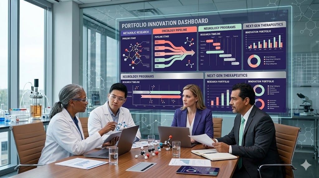 Pharmaceutical research leaders reviewing innovation portfolio strategy focused on new therapeutic areas beyond weight loss treatments.