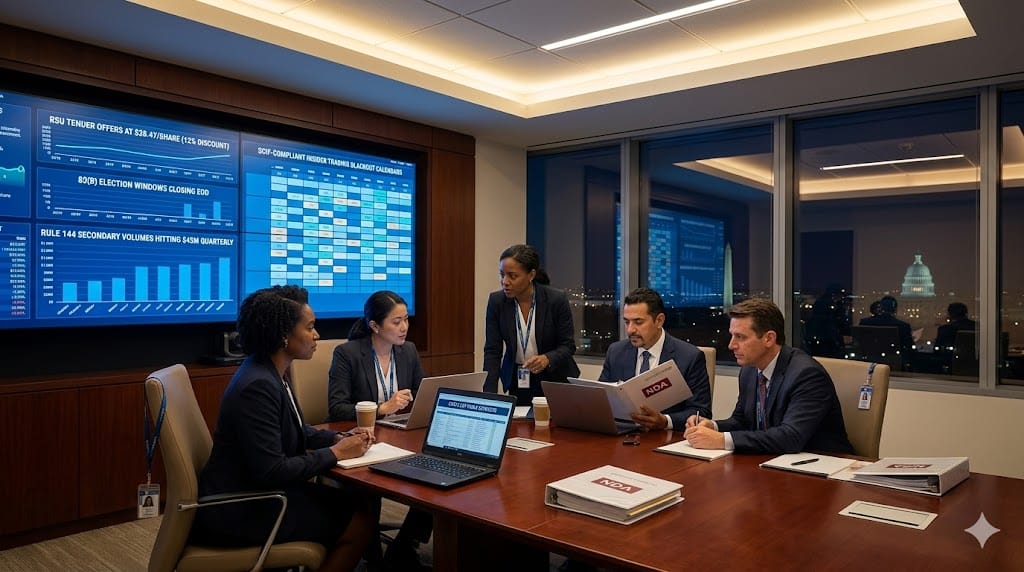 aerospace executives strategizing RSU liquidity events in a secure financial planning center, reviewing tender offer windows, 83(b) tax election dashboards, and secondary market transactions compliant with SCIF access requirements and NDA restrictions.