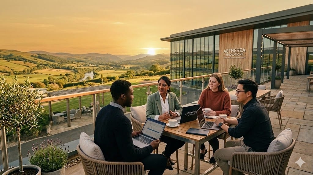 A realistic, wide-angle shot of a modern, sustainable manufacturing campus nestled in a scenic rural valley. In the foreground, a diverse group of engineers and managers are having an informal meeting on a modern outdoor patio overlooking a lush, green landscape. The scene is bathed in the warm, golden light of late afternoon. The palette features earthy tones: sage green, warm beige, and soft terracotta, avoiding the typical cold, sterile blues and grays of industrial imagery.