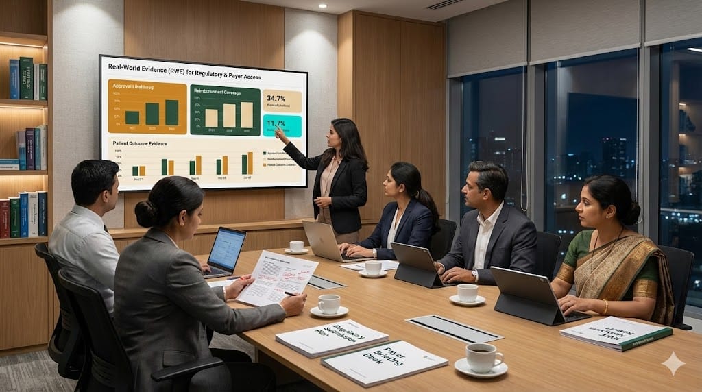 Pharmaceutical executives and health economists reviewing real-world evidence to meet regulatory and payer expectations for drug approval and market access