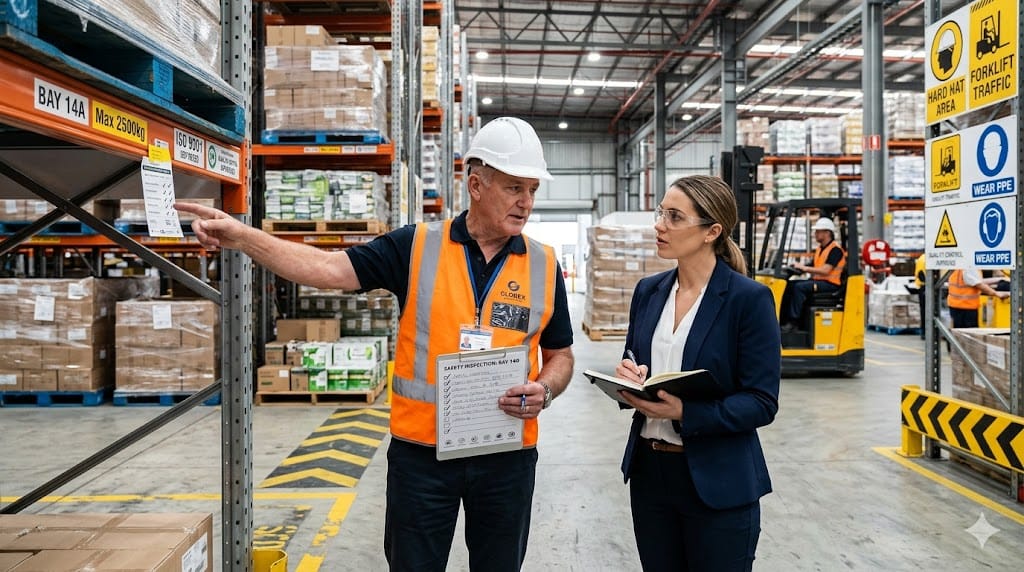 Supply chain safety inspection with manager wearing protective gear reviewing compliance checklist in warehouse logistics environment
