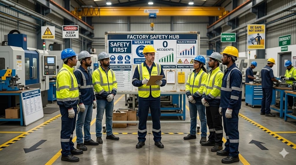 Manufacturing team attending safety briefing with supervisor emphasizing safety-first culture on factory floor