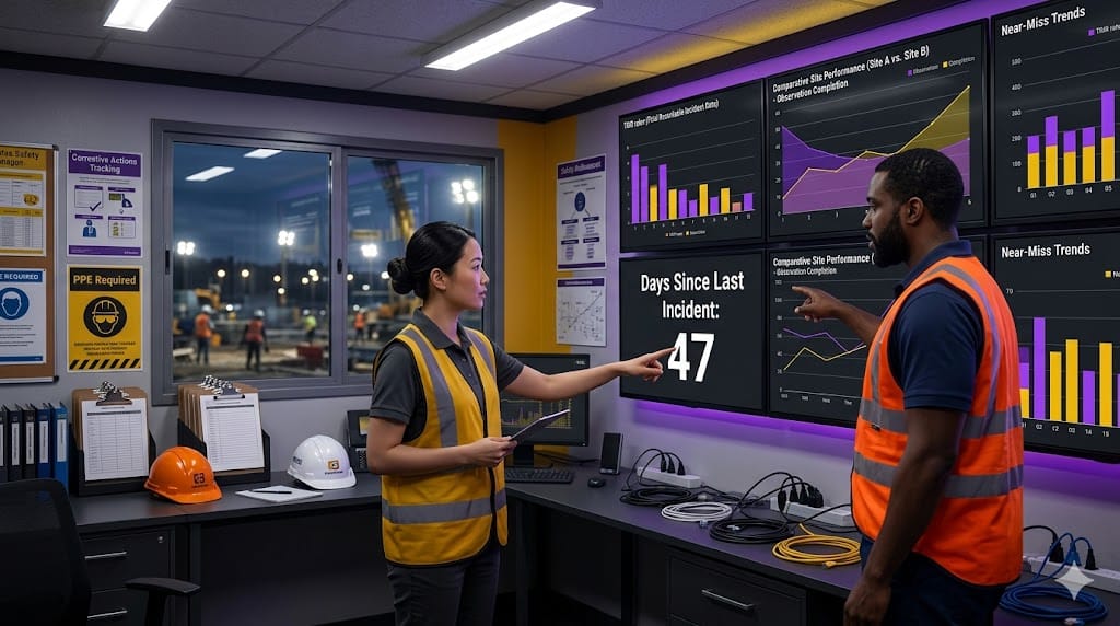  construction safety managers reviewing performance dashboards highlighting safety metrics as competitive business advantage.