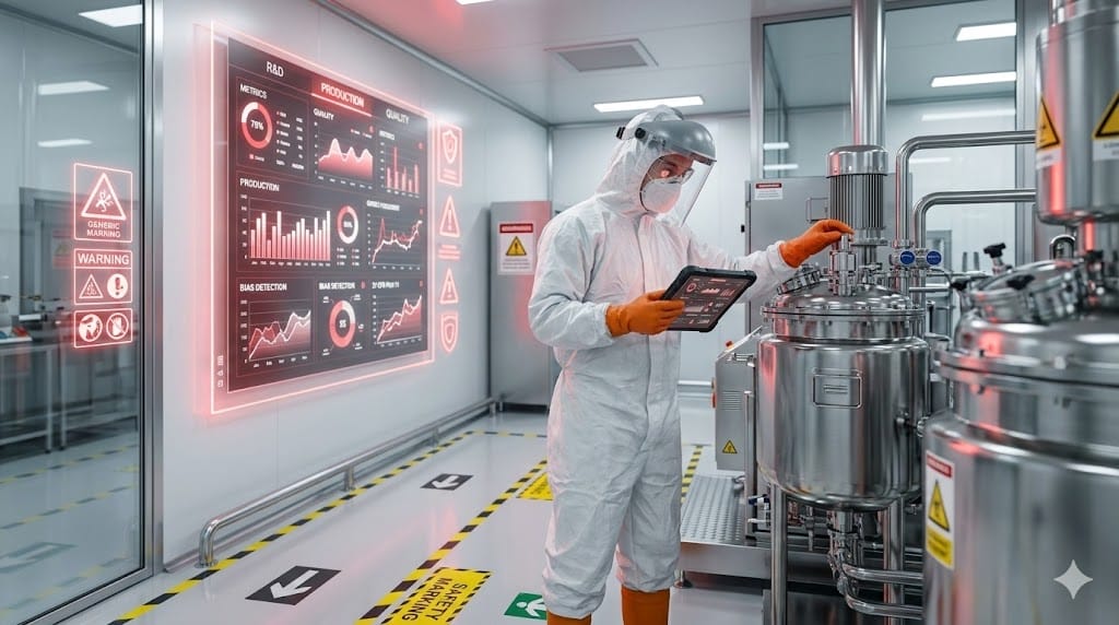 Safety quality and regulatory compliance inspection in advanced manufacturing facility with protective equipment and quality control monitoring