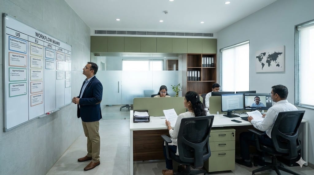 Regulatory affairs leadership team coordinating global submission workflows across regions in a modern operations center, illustrating scalable compliance infrastructure.