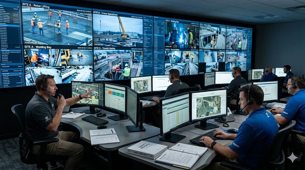 Safety management team monitoring multiple job sites from central control room