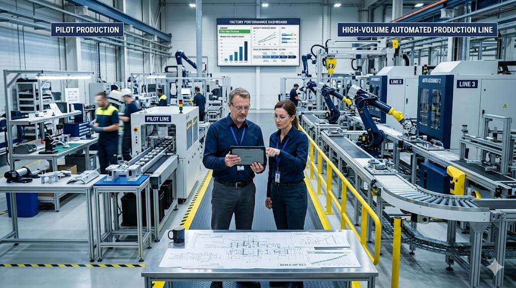 Manufacturing leaders reviewing transition from pilot production to high-volume automated factory line