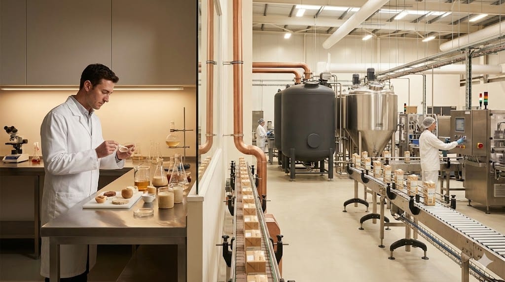 Food science laboratory prototype transitioning into a large-scale manufacturing production line, representing the scaling of innovation into commercial food production.