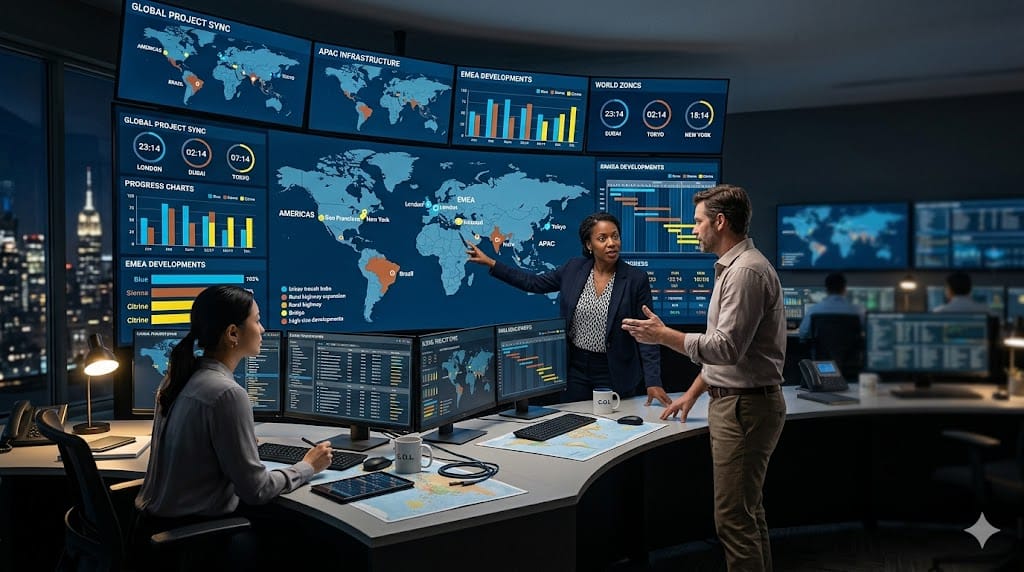 construction executives monitoring multi-geography project dashboards showing diverse infrastructure projects worldwide.