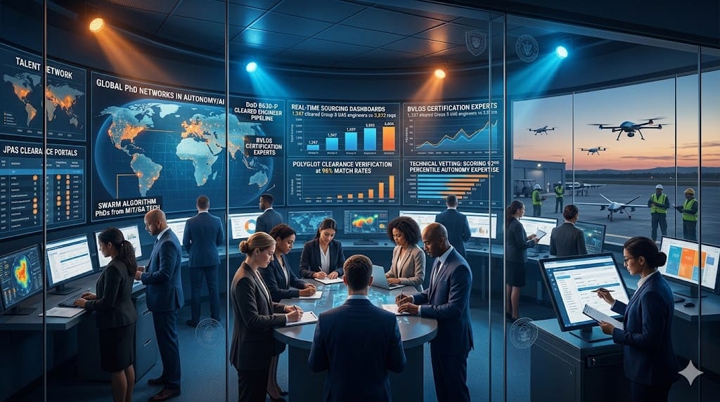 executive recruiters sourcing elite unmanned systems domain experts, showing cleared UAV engineers and autonomy specialists being identified through global talent networks, clearance verification systems, and technical assessment platforms in a high-security aerospace talent acquisition center.