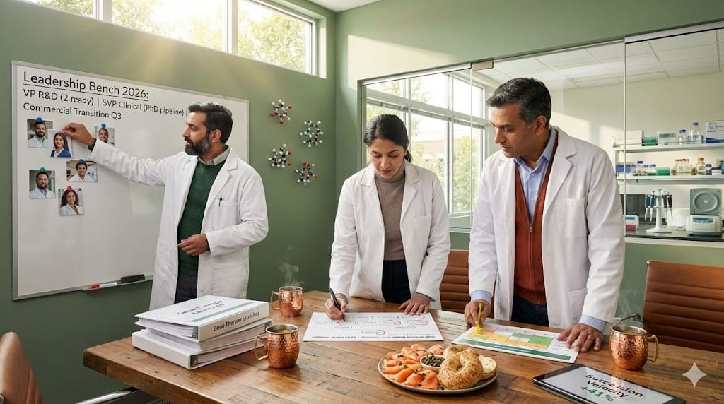 Biotech leadership team mapping succession bench in warmly lit research campus office—org chart on whiteboard shows PhD successors ready for R&D, clinical, and commercial roles amid pipeline binders and fresh bagels.