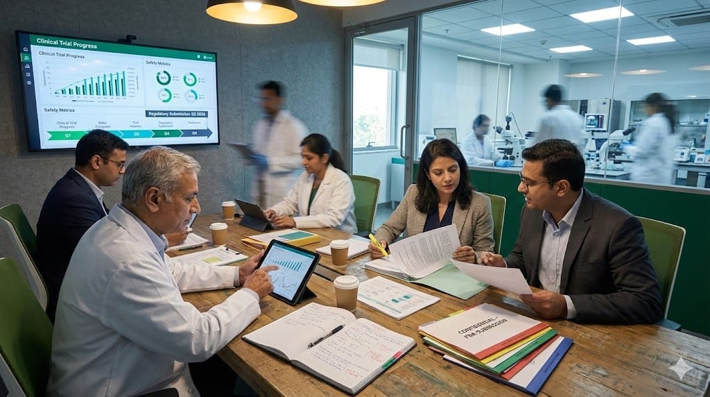 pharmaceutical leaders and scientists reviewing clinical trial data and regulatory documentation during a strategic competency evaluation meeting
