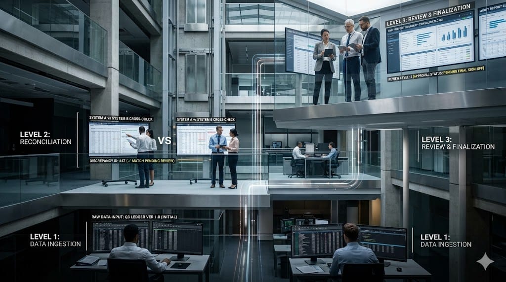 A team of professionals tracking financial data through multiple verification layers in a structured audit environment, illustrating public company SEC filings and audits
