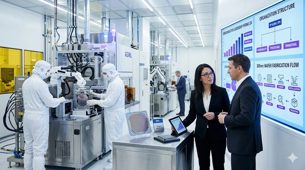 Executives and engineers in semiconductor fabrication facility discussing leadership hiring