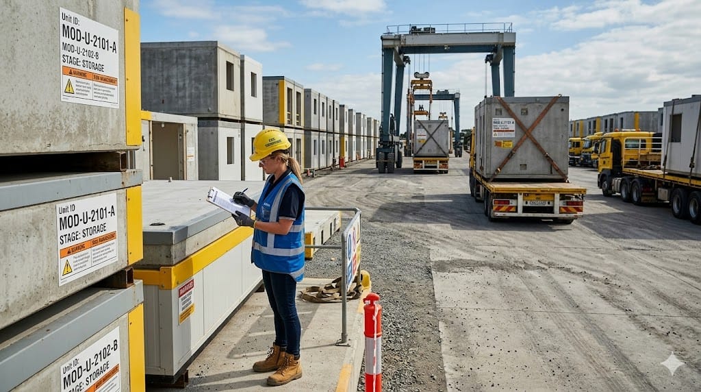 Supervisor inspecting stacked prefab units with checklist in construction logistics yard
