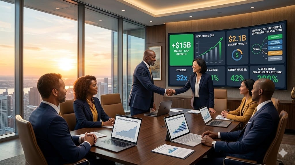Realistic landscape photo of C-suite executives celebrating maximized shareholder value in a sleek boardroom, with rising stock charts, dividend payout projections, and M&A success metrics displayed on premium video walls overlooking a thriving corporate campus.