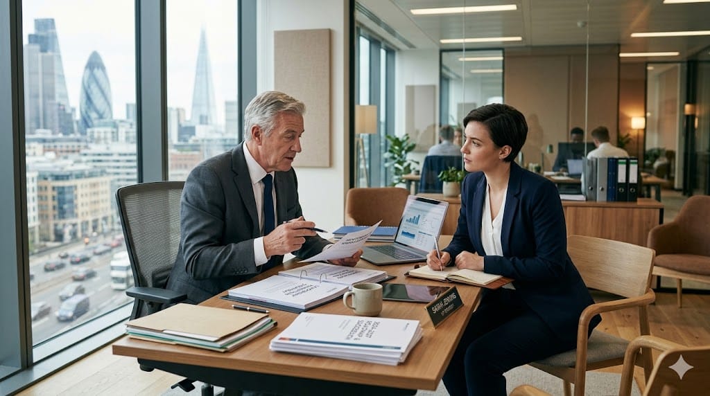 senior executive mentoring younger leader in office symbolizing leadership transition and retirement wave
