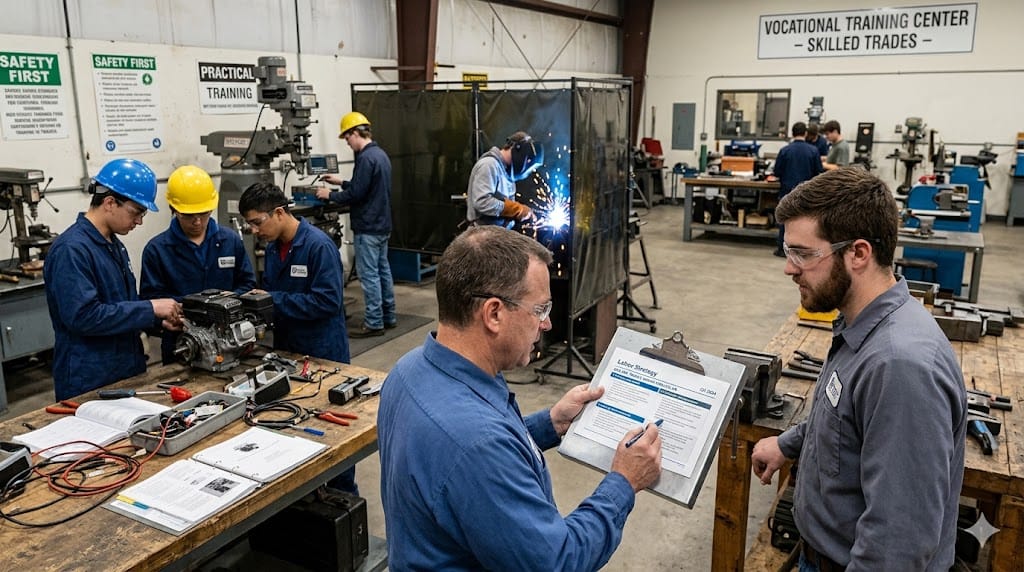 Workers training in industrial workshop while supervisors discuss workforce strategy for skilled trades shortage