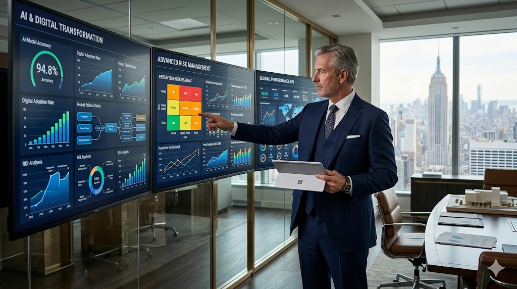 Executive reviewing digital dashboards for AI, advanced analytics, and risk management competencies