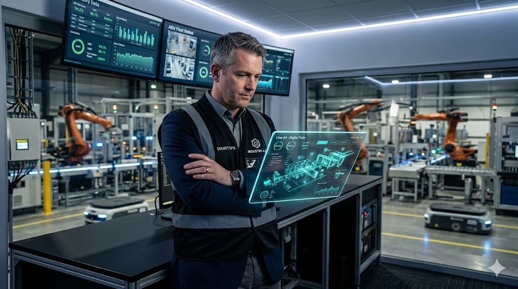 A realistic, eye-level shot of a manufacturing executive in a modern "smart factory" control room, reviewing a holographic-style digital twin of a production line on a transparent tablet. The background shows a blurred, high-tech production line with robots and automated guided vehicles (AGVs). The lighting is a mix of cool, clinical LED strips and the warm glow of the tablet screen, creating a futuristic yet grounded atmosphere. The palette should be a sophisticated blend of deep navy, matte black, and cool metallics, avoiding garish neons.
