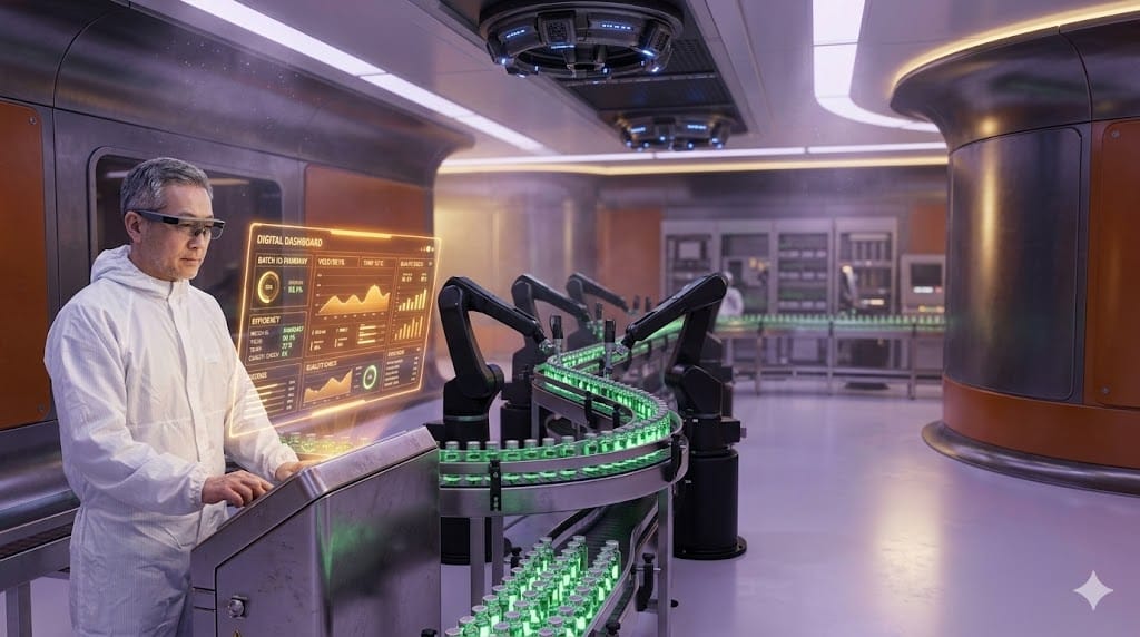 Realistic view of a smart pharmaceutical factory transitioning from GMP protocols to AI-orchestrated automation with robotic systems and digital oversight. 