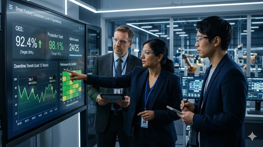 A realistic close-up of a modern factory control room where a diverse team of executives and engineers gather around a large, wall-mounted touchscreen displaying a complex, real-time smart factory dashboard. The screen shows key performance indicators like OEE, production yield, and downtime trends with clean, modern charts. The lighting is a mix of cool, ambient factory light and the soft glow of the screen, creating a focused, data-driven atmosphere. The color palette should be a sophisticated blend of deep navy, slate gray, and subtle amber highlights, avoiding garish neons.