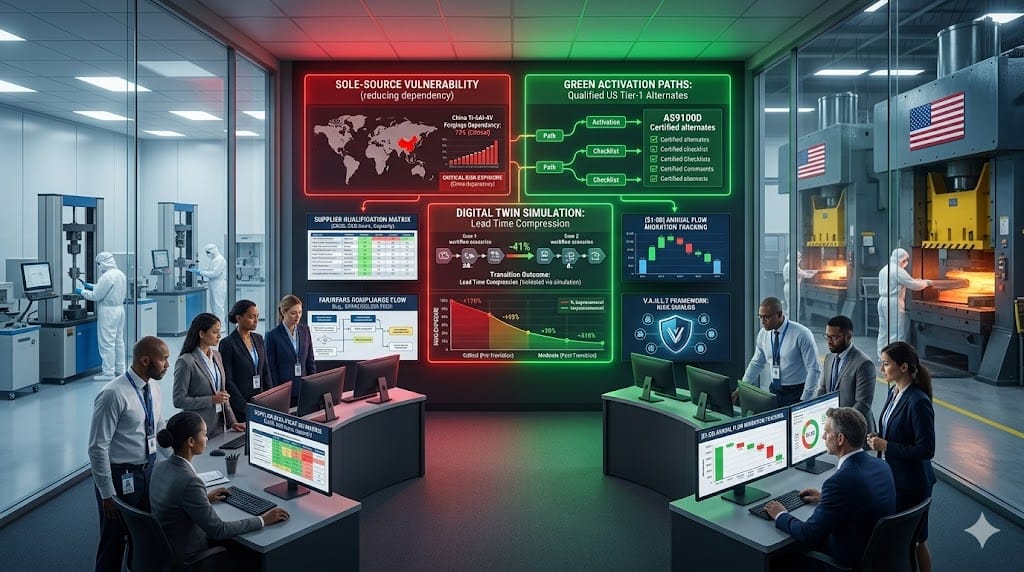 aerospace supply chain leaders executing sole-source to dual-sourcing transitions, showing risk analysts mapping critical titanium forging dependencies while activating qualified alternate suppliers, reducing single-point failure exposure from 73% to 28%.
