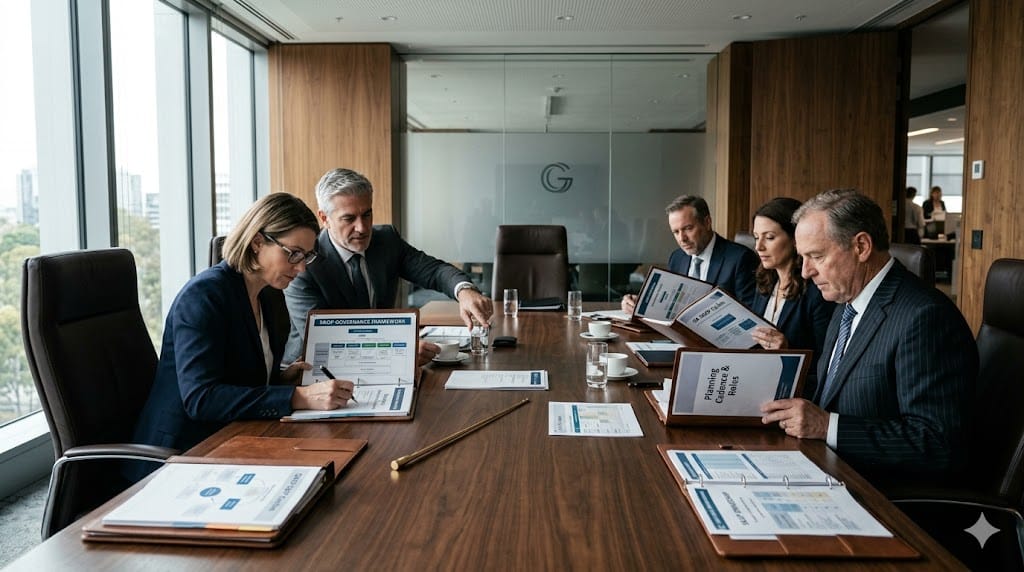 Executives reviewing governance documents and decision rights during S&OP cycle meeting in premium boardroom