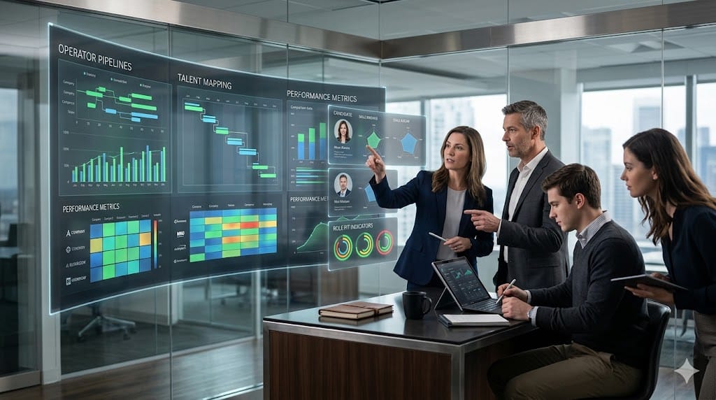 Private equity professionals sourcing operators using PE-specific playbooks and interactive strategic tools