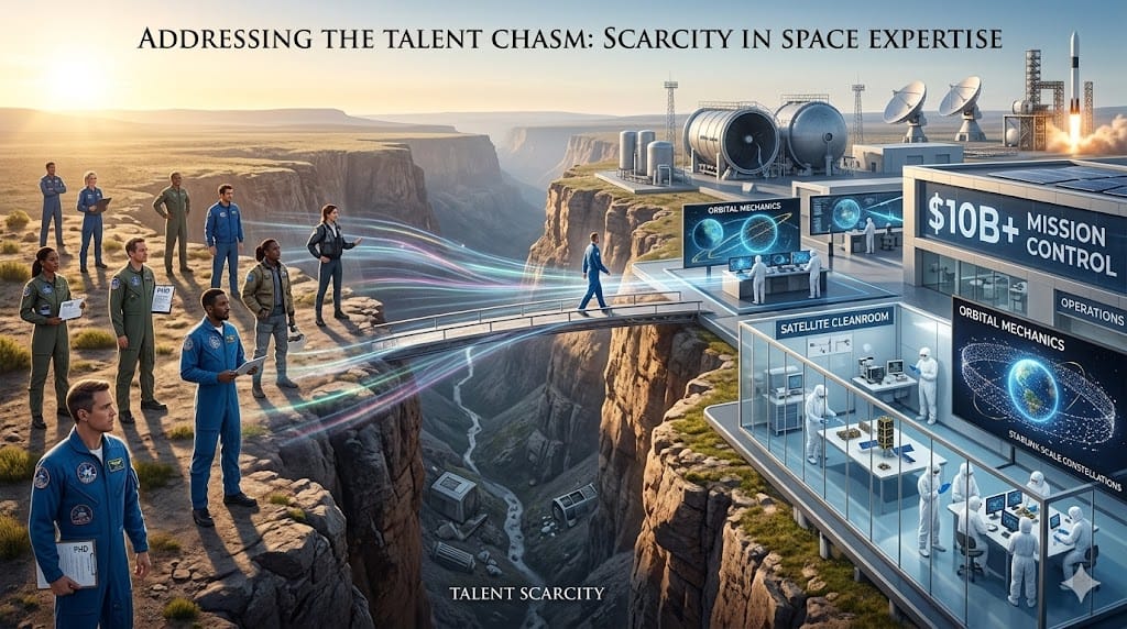 Realistic landscape photo illustrating the talent chasm in space expertise, showing a diverse group of elite satellite engineers and orbital mechanics specialists being magnetically pulled across a vast divide toward gleaming space tech campuses with LEO constellation control rooms and mission control dashboards.