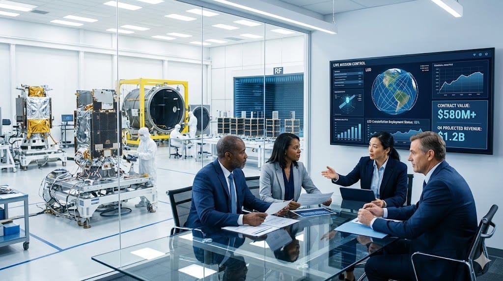 Realistic landscape photo of executive recruitment for space technology firms, showing diverse C-suite candidates reviewing satellite deployment contracts and orbital mission dashboards during interviews in a modern cleanroom facility adjacent to satellite assembly bays.