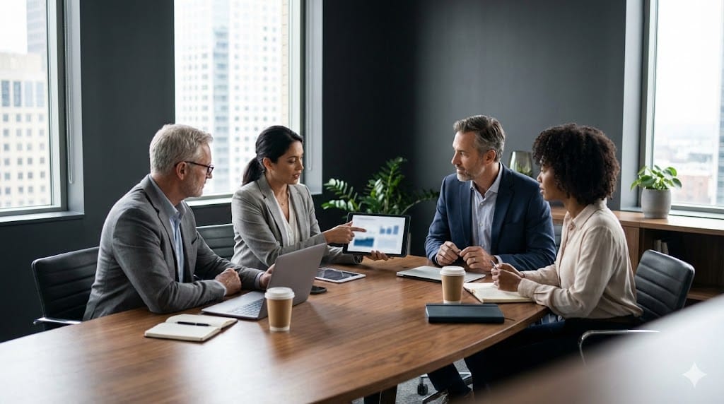 Executive search team analyzing candidate profiles and strategy documents in a modern office, highlighting specialized CEO recruitment processes.