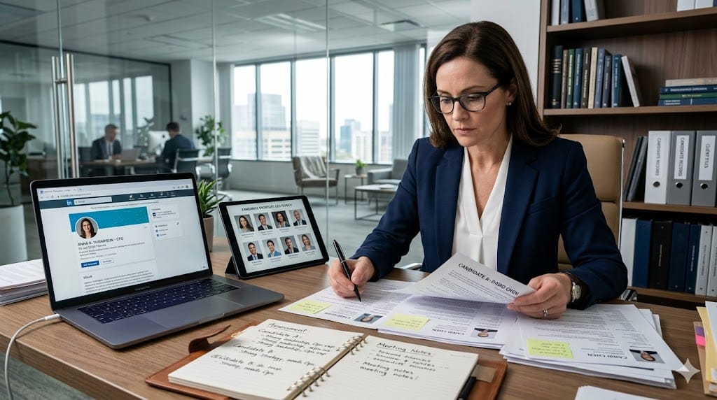 Executive search consultant reviewing candidate profiles for senior leadership role