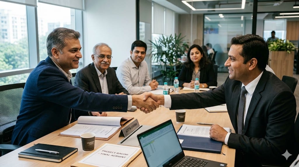 business professionals shaking hands after negotiation meeting representing stakeholder management and agreement