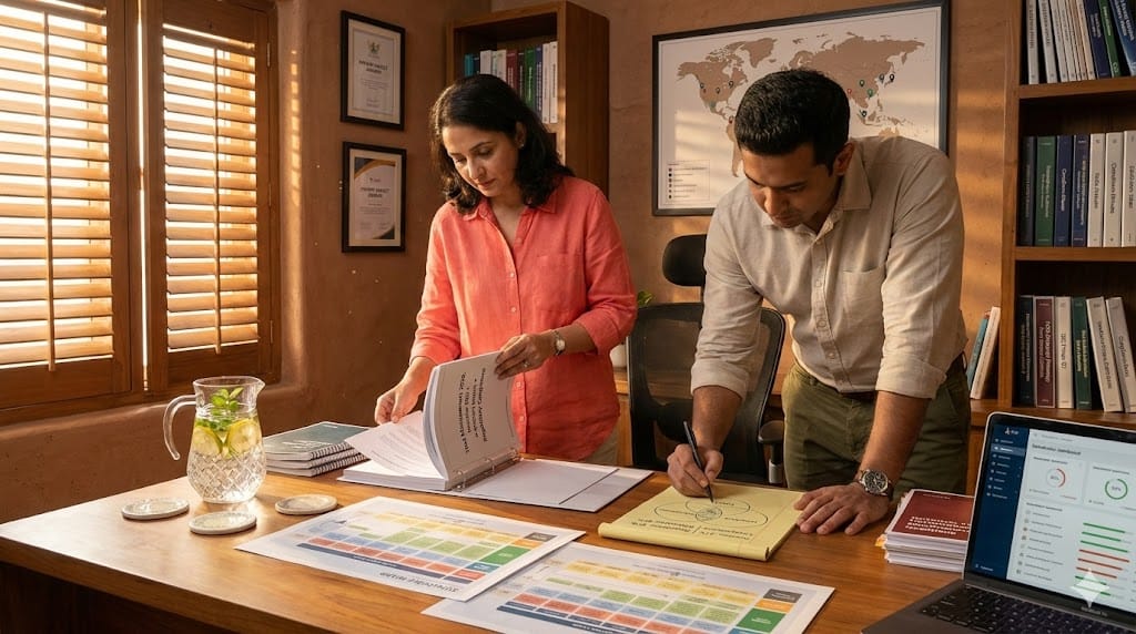 Pharma executives strategizing investor-regulator-patient advocacy alignment in sunlit corner office—three-ring binder diagrams stakeholder Venn on teak desk amid briefing books, fresh citrus tray, and legal pads during realistic stakeholder mapping session.