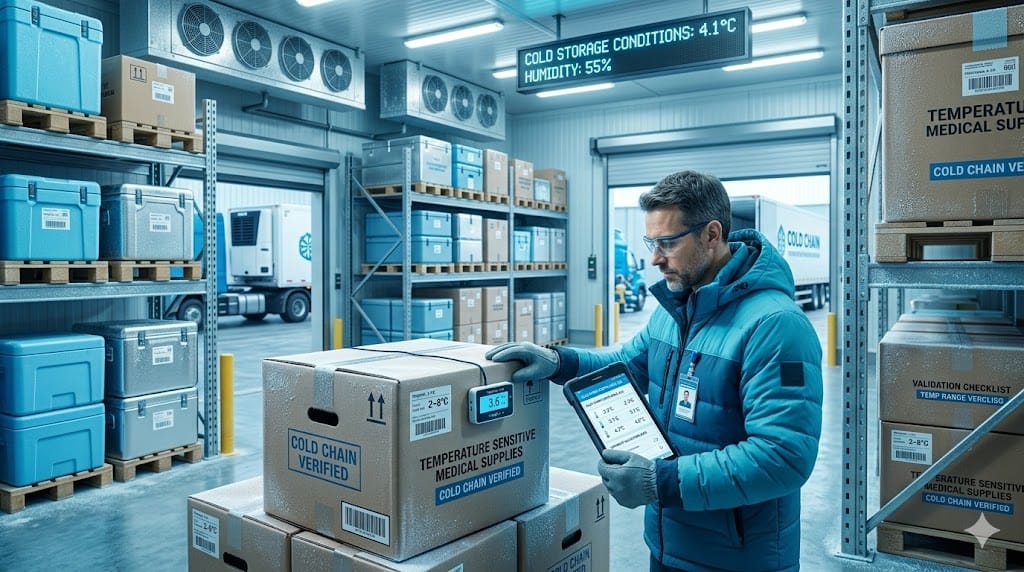 Technician inspecting temperature-controlled medical shipment inside a refrigerated warehouse used for sterile logistics and cold chain validation.
