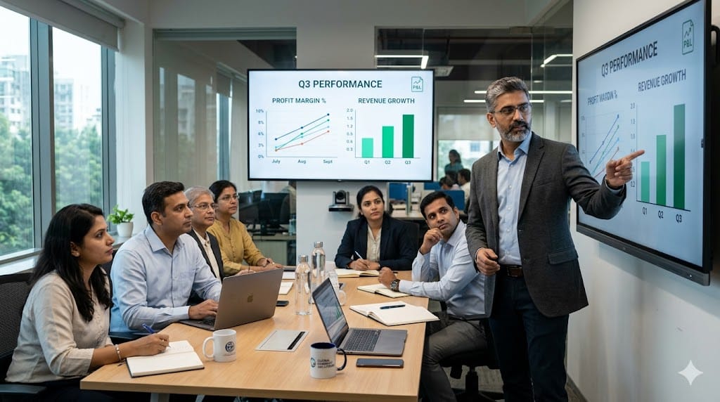 engineering leader presenting business performance results to team showing profit growth and strategy impact