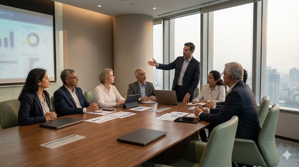 Board members reviewing executive candidates and strategy documents in a modern, sunlit boardroom, symbolizing strategic recruitment decisions.